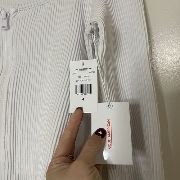 NEW! GOOD AMERICAN ZIP FRONT LONG SLEEVE RIBBED TEE IN WHITE XL - Picture 2 of 7